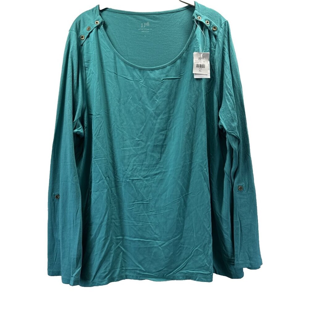 J Jill Women's Top Button Shoulder Tee XL Teal Blue‎ Green Long Sleeve Pullover